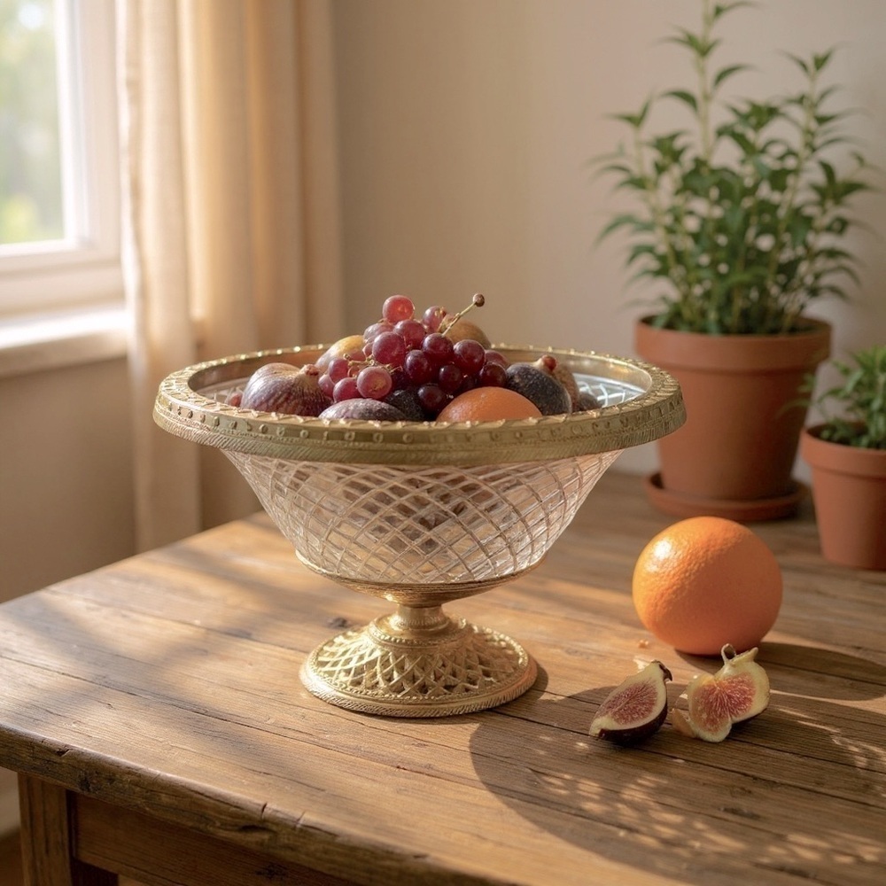 Vintage Brass & Cut Glass Pedestal Compote Bowl by Paradigm, India – 5.5” Tall - Picture 12 of 15